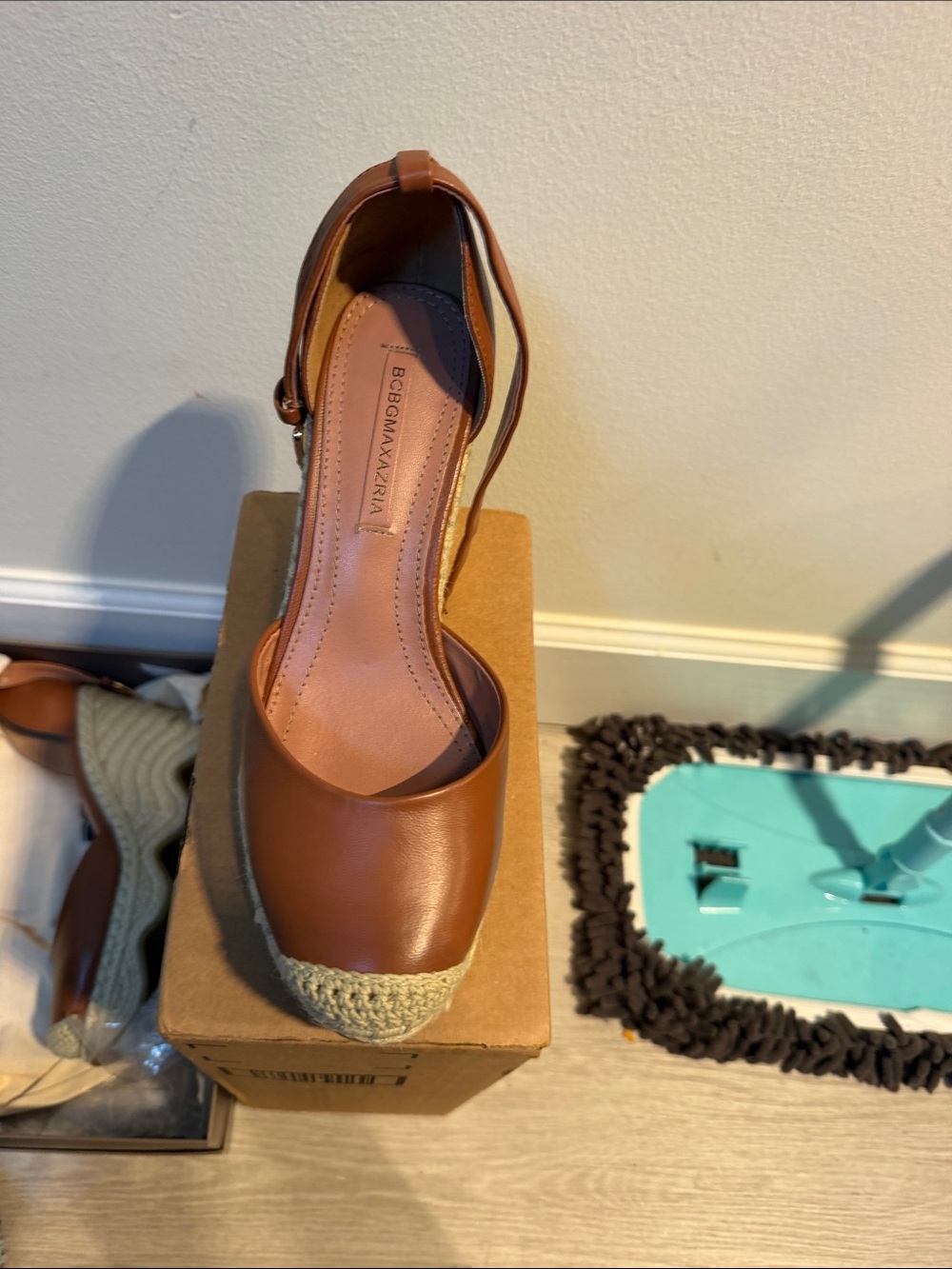 BCBGMaxAzria Brown Leather Espadrille Wedge with Ankle Strap